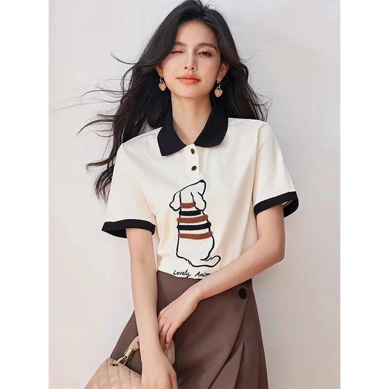 

Women Summer Fashion Cartoon Printing Contrasting Colors Polo Collar Short Sleeve T-Shirt Ladies Simplicity All-match Trend Tops