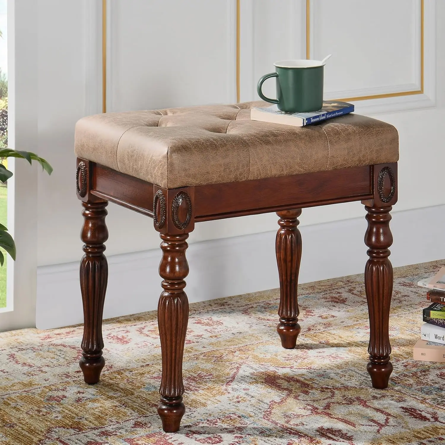 Vanity Bench Stool with Padded Cushion, Solid Wood Carved Legs, Button Upholstered Seat, Yellowish Brown, 18.5” x 14.2” x 19.1”