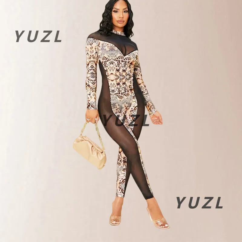 

2025 new women's clothing long-sleeved splicing women's onesie European and American printed perspective mesh slim jumpsuit wome