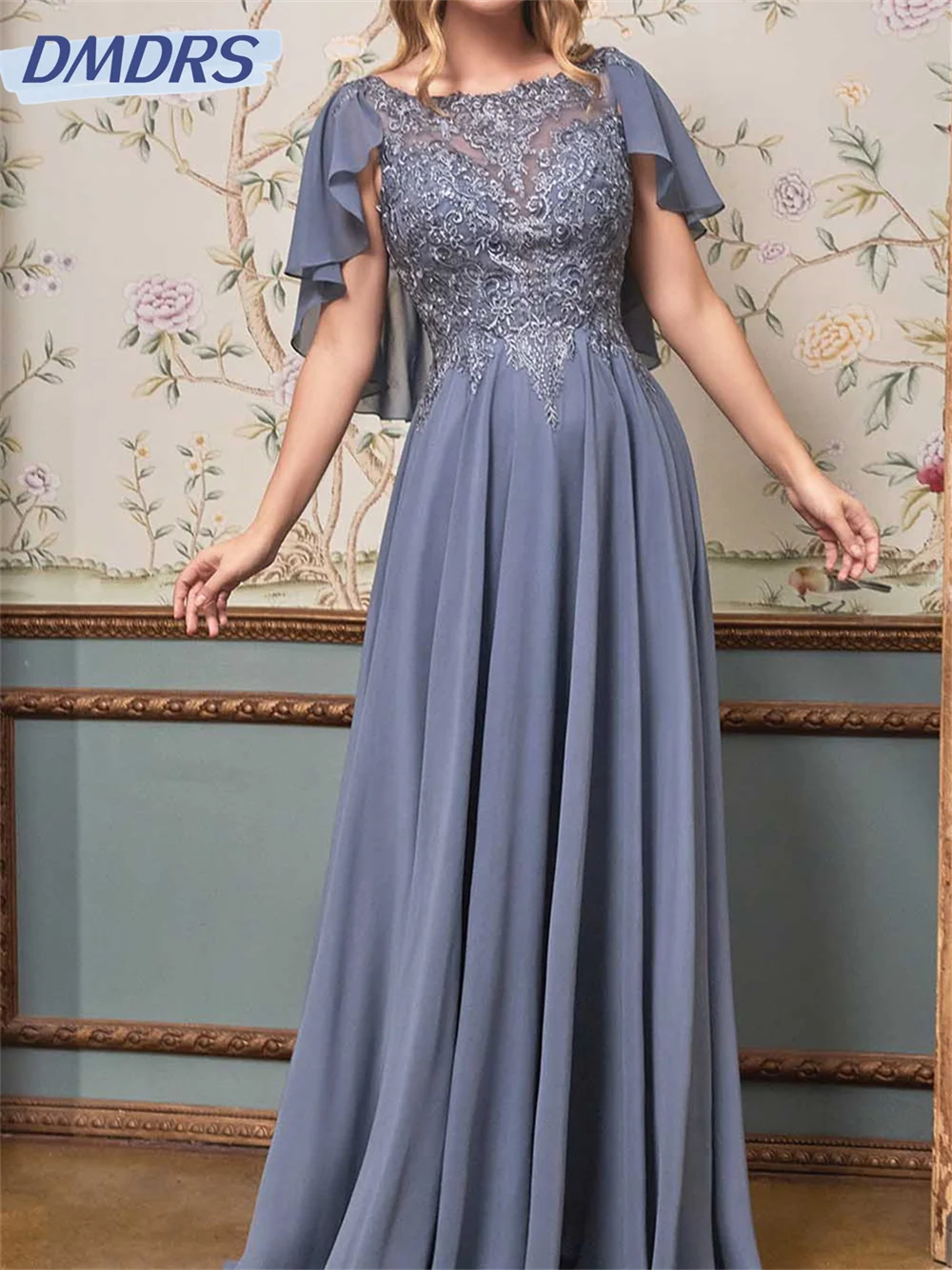 Abiti da damigella d'onore classici a maniche corte 2024 Abiti di pizzo in chiffon di lusso Abiti eleganti con applicazioni di lunghezza del pavimento Abiti da sposa