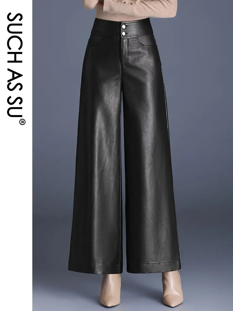 High Quality Women Pockets Wide Leg Pants 2023 Autumn Winter Slim fit Ankle-Length Culottes PU Leather Elastic Waist Female 1711