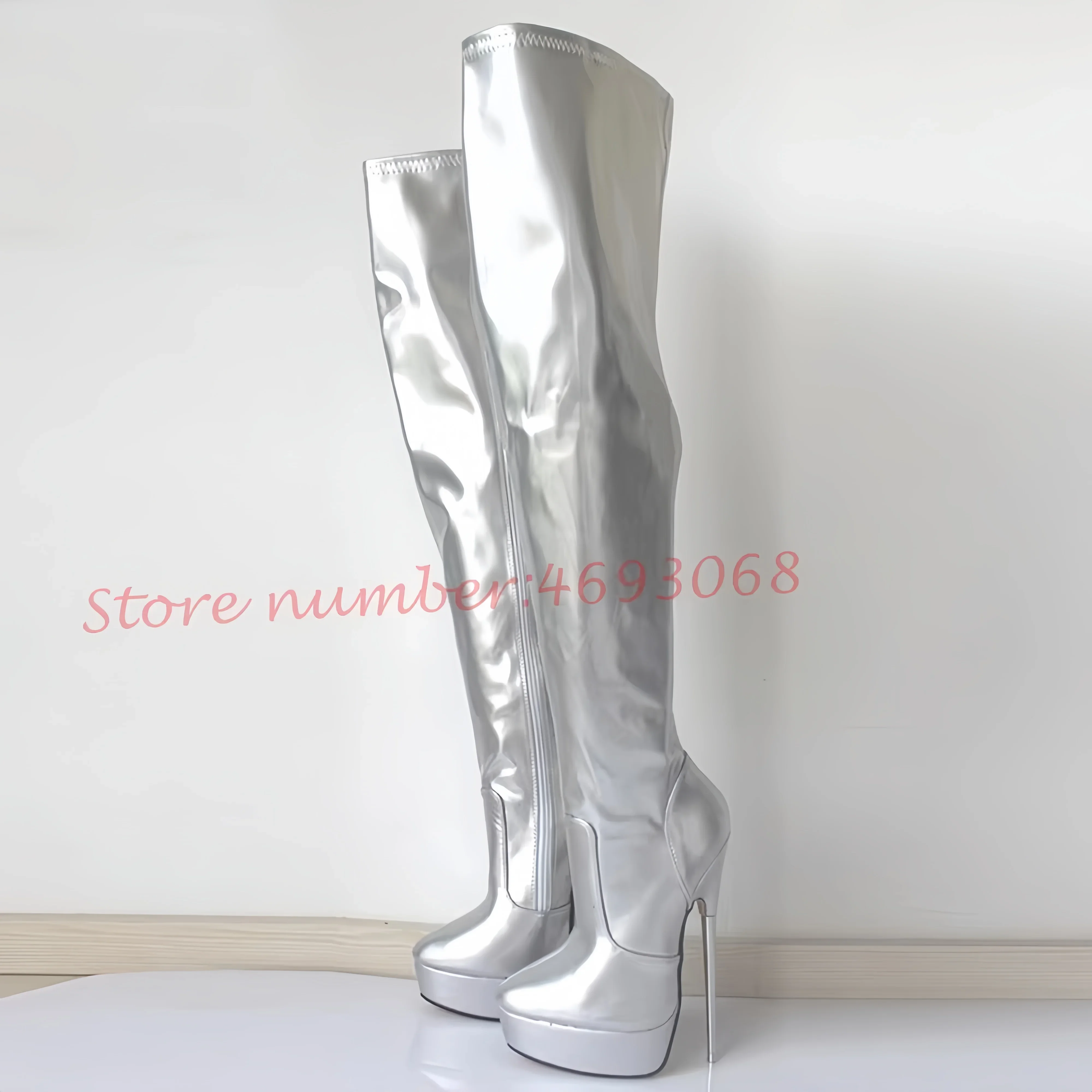 

Silver Extreme Metal Heels Platform Long Boots 18cm Woman Sexy Round Toe Patent Leather Thigh High Boots Ladies Solid Sexy Shoes
