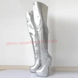 Silver Extreme Metal Heels Platform Long Boots 18cm Woman Sexy Round Toe Patent Leather Thigh High Boots Ladies Solid Sexy Shoes