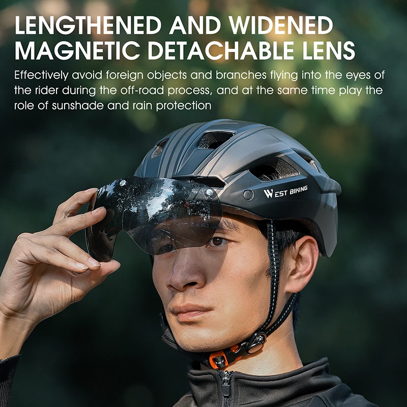 WEST BIKING-Casque de cyclisme pour homme et femme, avec feu arrière, lunettes, pare-soleil, pour vélo de route et VTT, casquette de sécurité