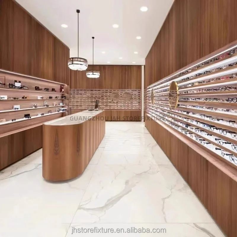 Theken-Design-Regal zur Wandmontage aus Holz für Brillen, individuelle Größe zum Fabrikpreis