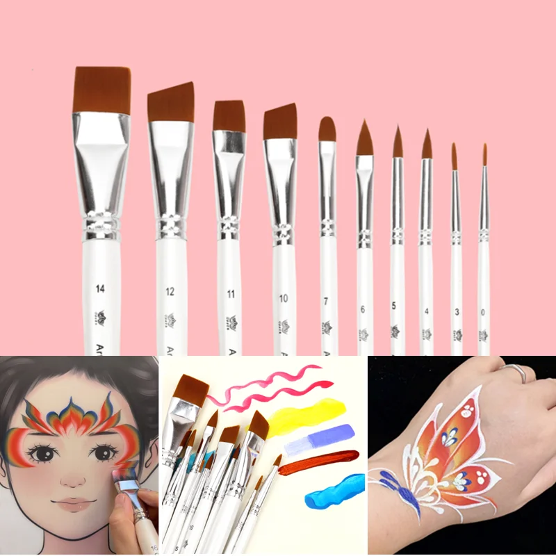 

10pcs Professional Face Painting Brushes Set, Nylon Bristles for Stage Makeup, Petal, Dome Tips, Art Makeup Tool