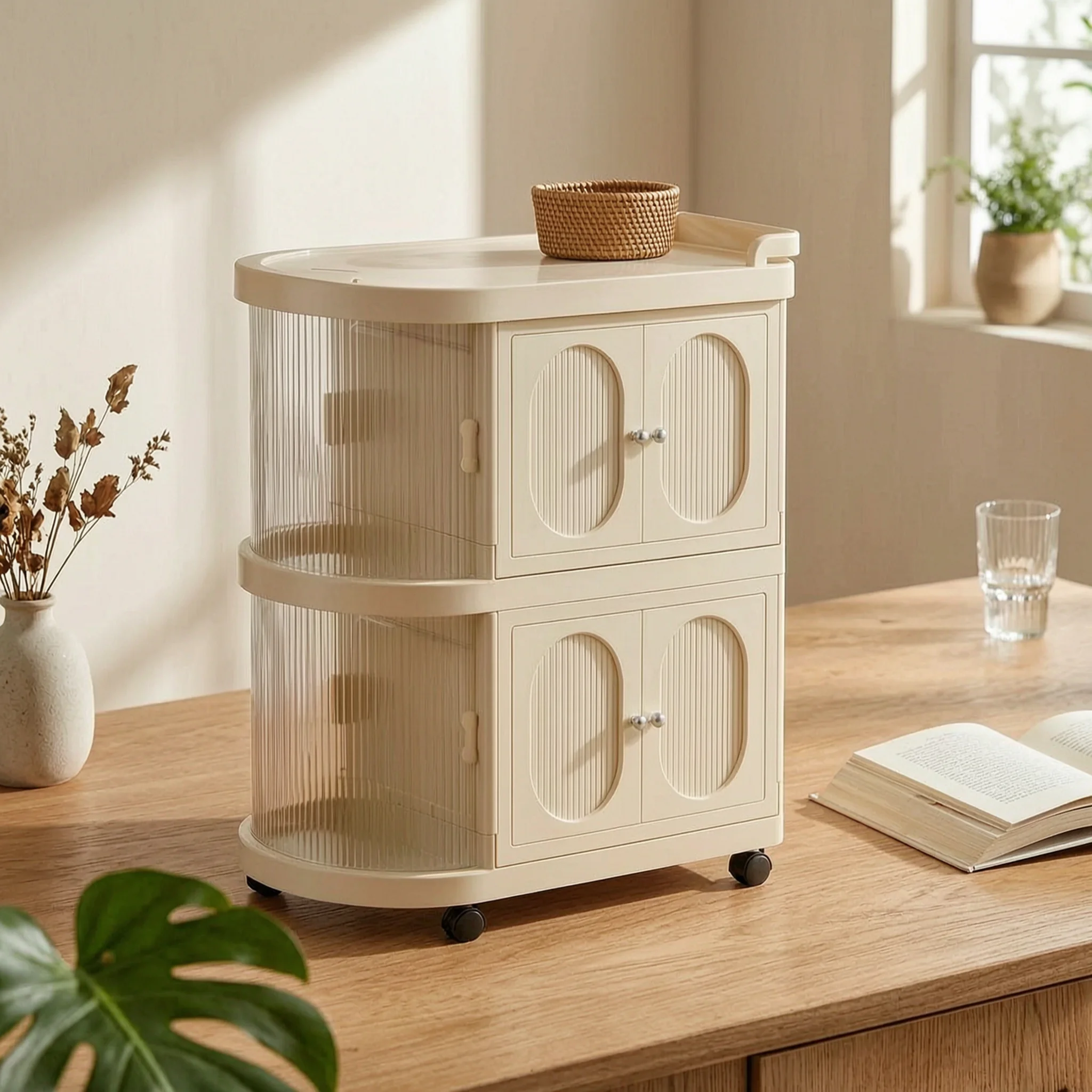 translucent-panels-folding-baby-cabinet-foldable-two-tier-nursery-cabinet-oval-handles