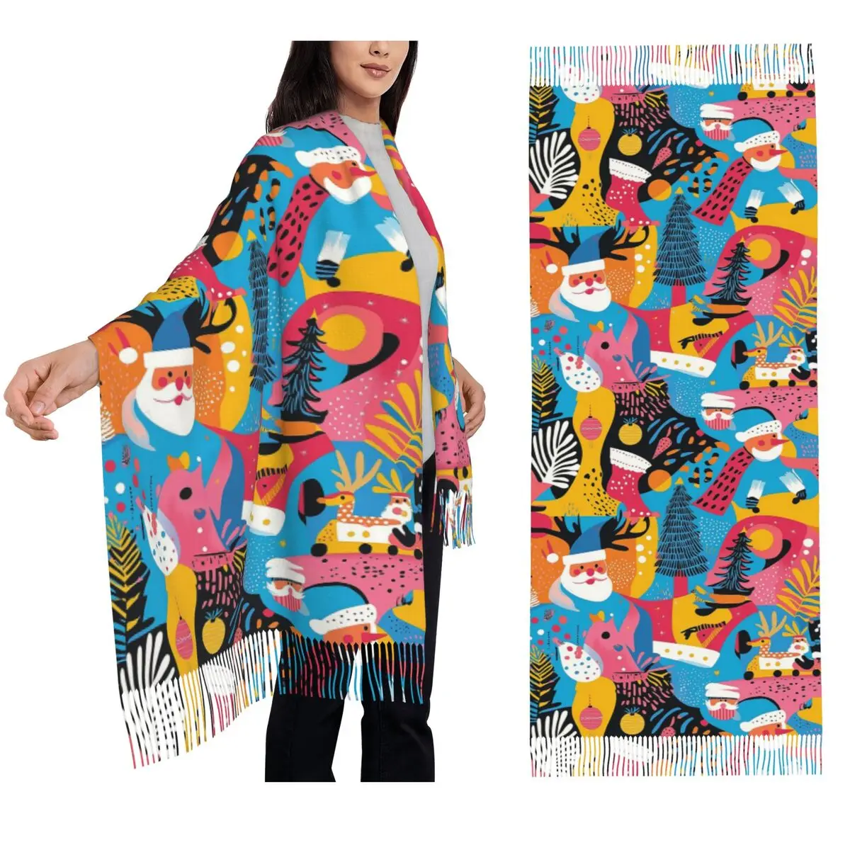 

Причудливый праздничный рождественский шарф Санта-Клауса, снеговика и оленя, шарфы с кисточками, теплые шали и накидки, большая осенне-зимняя шаль