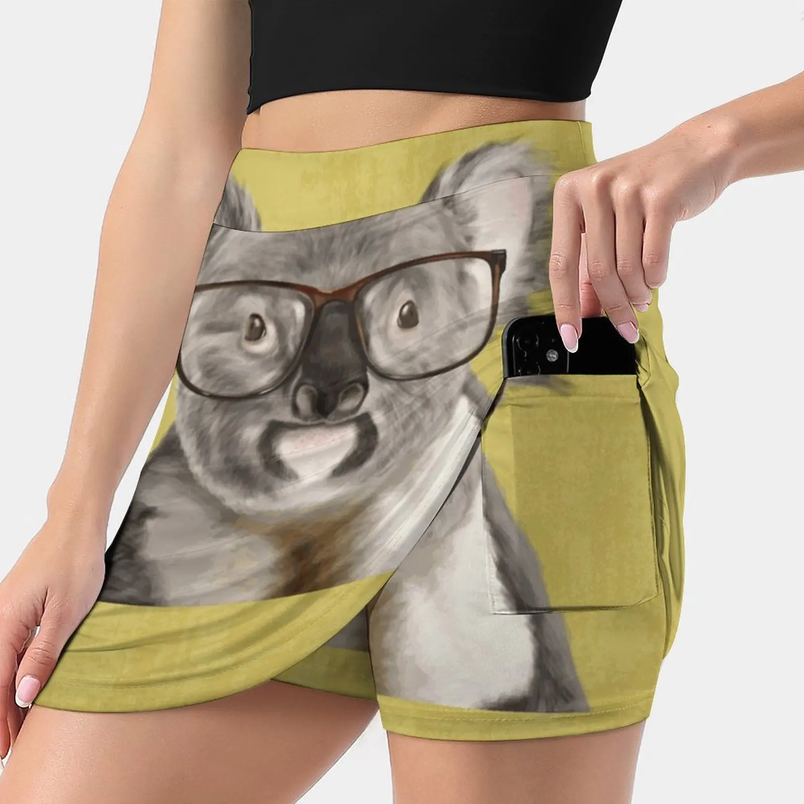 Mr Koala Women Tennis Skirts Golf Badminton Pantskirt Sports Phone Pocket Skort Yellow Glasses Pet Teddy Koala Funny Friendship