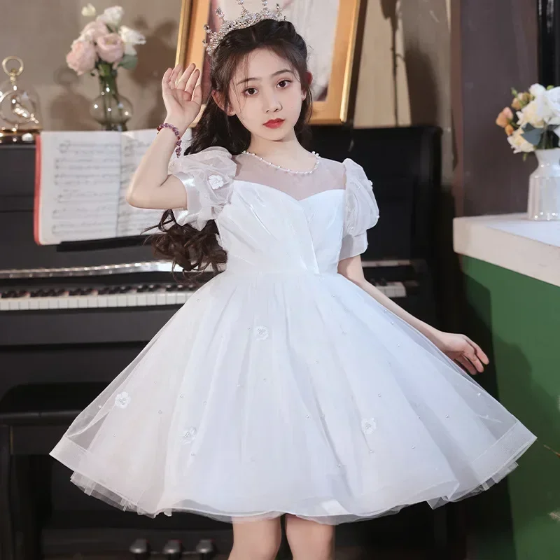 

Girls' Summer Dress 2024 New Children's Fashionable White Mesh Summer Princess Dress Flower Children Fluffy Dress