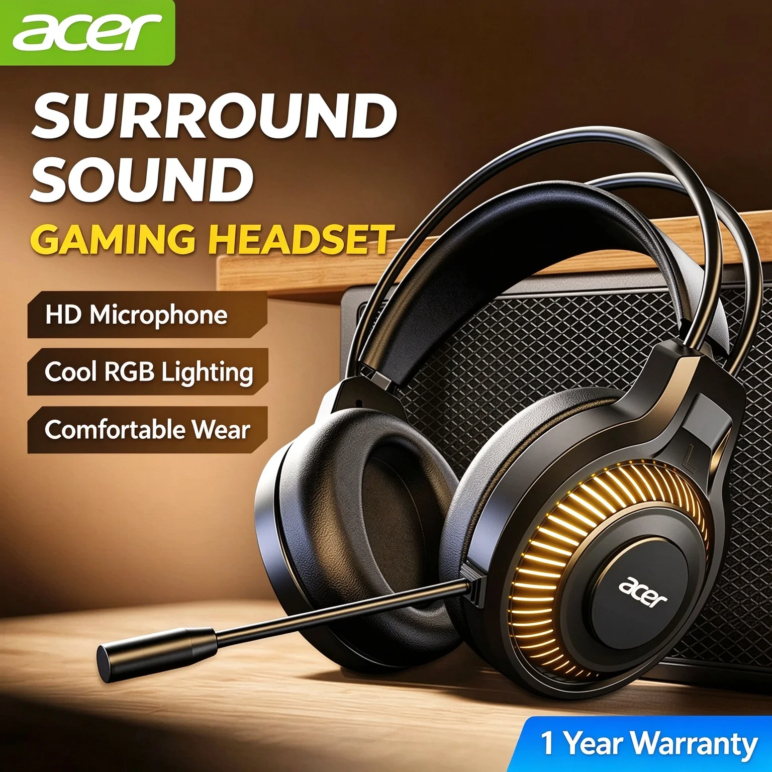 Acer 303  3.5mm/USB jack Wired Gaming Headset with USB Interface, Over-Ear Headphones for PC, Laptop, Desktop, Online Classes