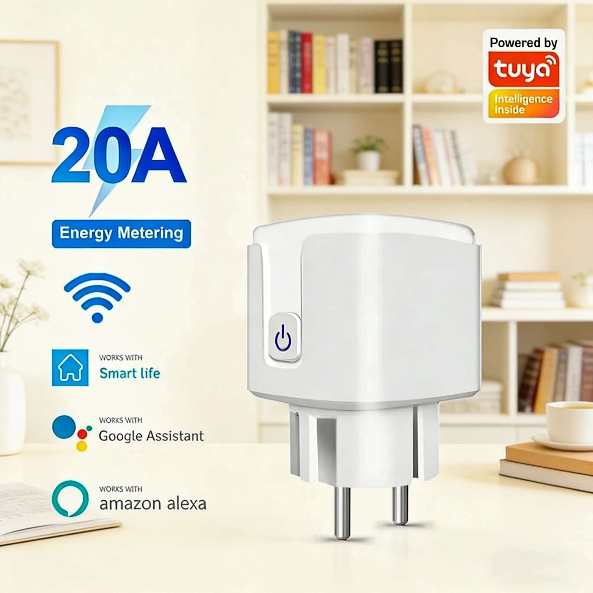 

Умная розетка Tuya Smart Life EU 20A с Wi-Fi, мониторингом энергопотребления, дистанционным управлением через приложение, функцией таймера, совместима с Google Assistant.