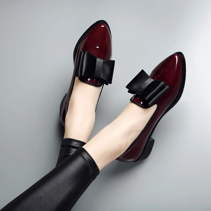 Spring Autumn Women Shoes Bowtie Loafers Patent Leather Women\'s Low Heels Slip On Footwear Female Pointed Toe Thick Heel zapatos