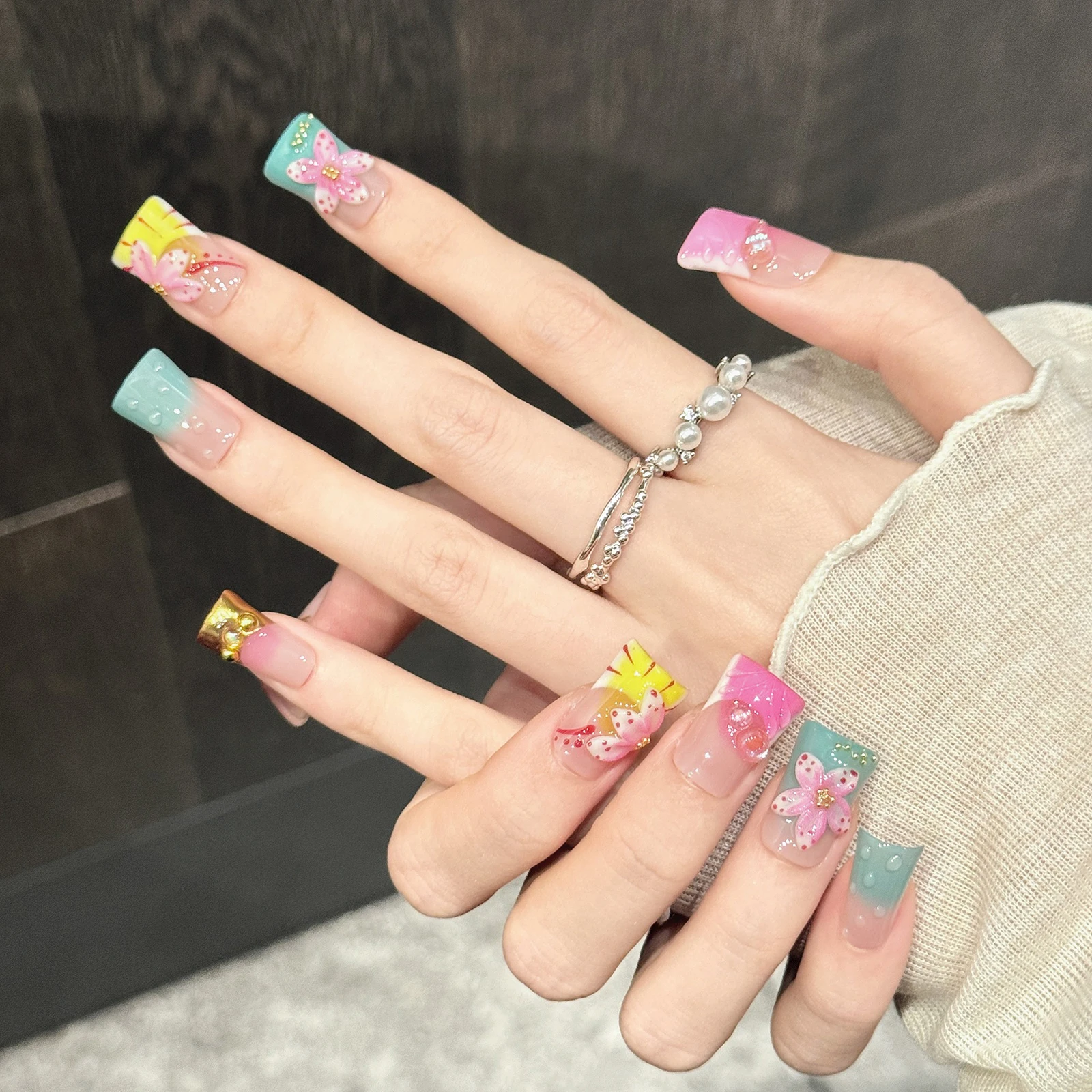 10pcs Handmade Macaron Gradient Sakura False Nails Wearable 3D Decor Y2k Press On Nails French Luxury Fake Nails Short Duckbill