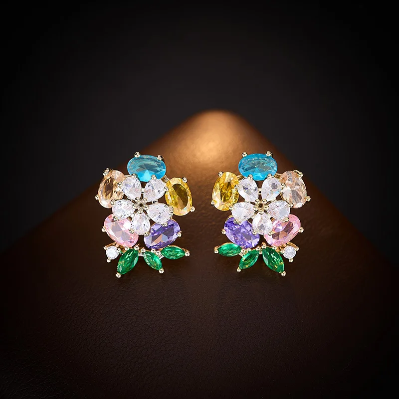 Модные цветные серьги-гвоздики с инкрустацией медным цирконом и индивидуальным сладким цветком, легкие серьги-гвоздики в роскошном стиле с нишевым дизайном