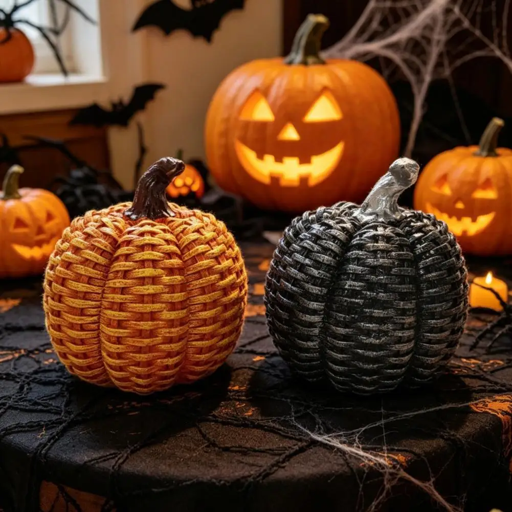Space Saving Fall Ornament Thanksgiving Table Centerpiece Vintage Distressed Faux Rattan Pumpkin Figurine for Halloween