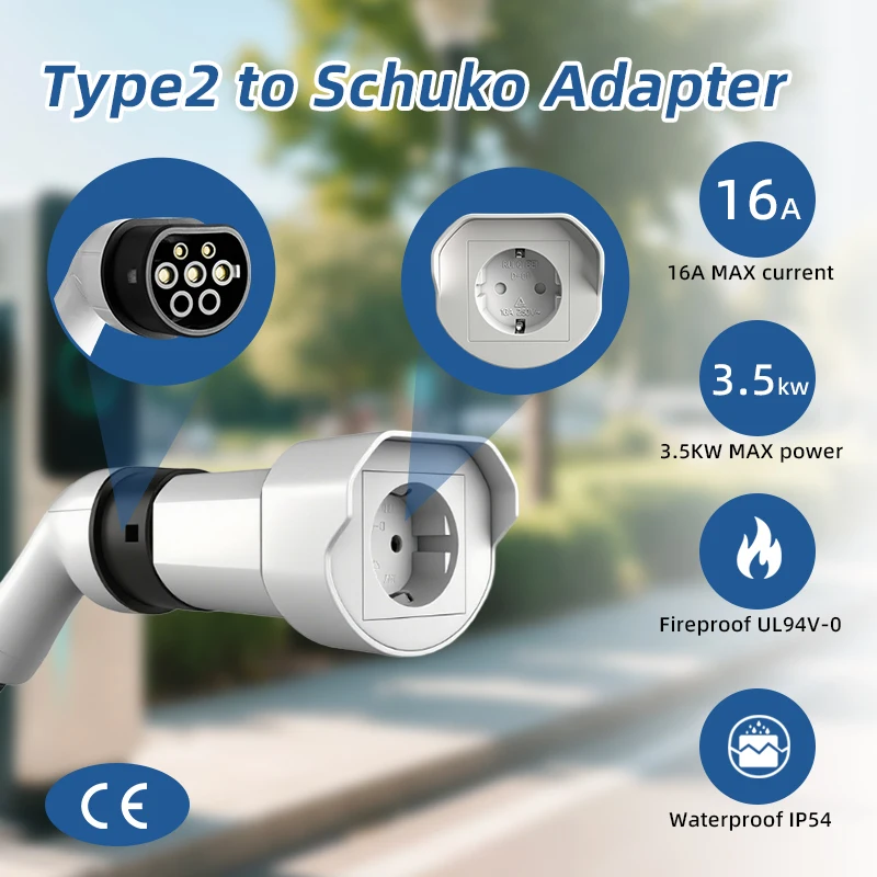EVqiaoyi محول سيارة كهربائية من Type2 إلى مقبس شوكو (Schuko) : محول طاقة من Type2 إلى 220 فولت، مقبس ذكور للتشحيم منخفض للمحطات الشحنات стандарта IEC 62196-2 #2