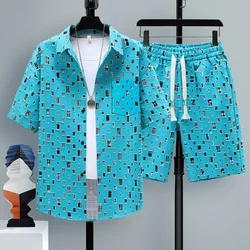 Letnie 2-częściowe komplety dresowe męskie fałszywe dwu koszule szorty Harajuku Streetwear oversize zestawy dla mężczyzn krótkie stroje