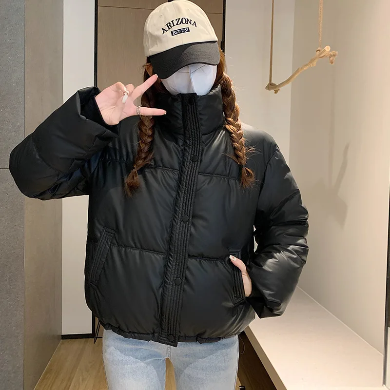 PU lederen donsjack voor dames winter nieuwe korte lengte opstaande kraag verdikte petite fit puffer jas lederen stijl bovenkleding