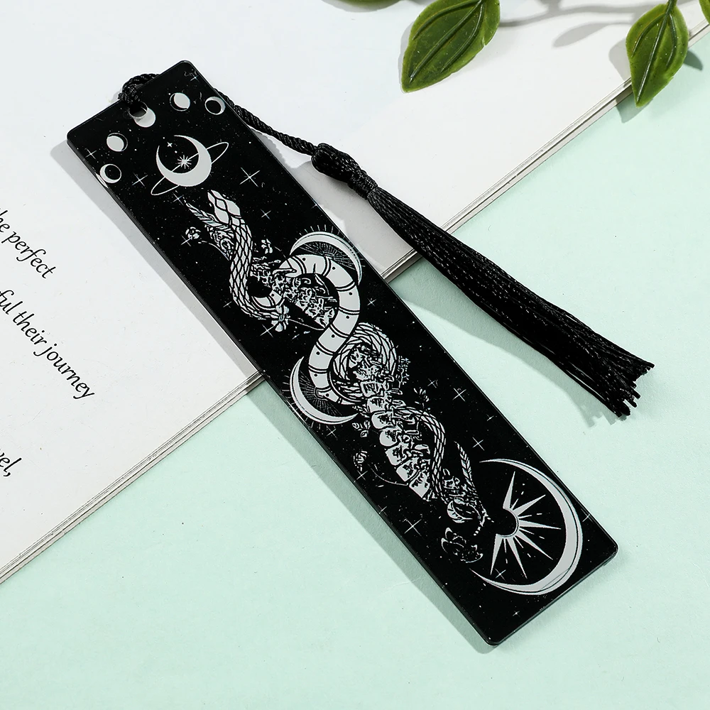 Black Snake Pattern Acrylic Bookmark Black Tassel Horror Atmosphere Book Page Decoration for Horror Fans Collections