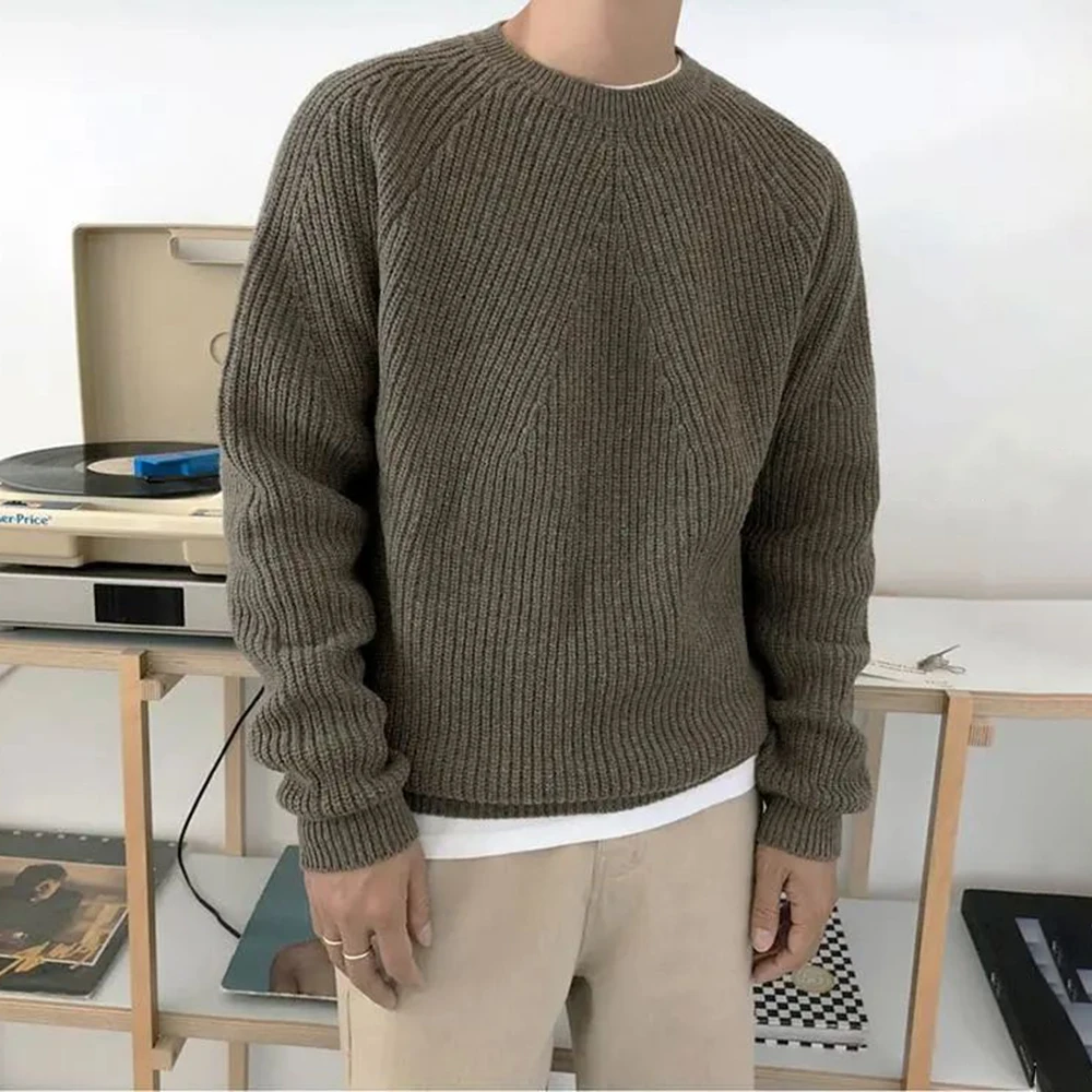 Mens Autumn Winter Korean Style Loose Round Neck Knitted Sweater Gender-Neutral Trendy Casual Solid Color Simple Sweater Unisex