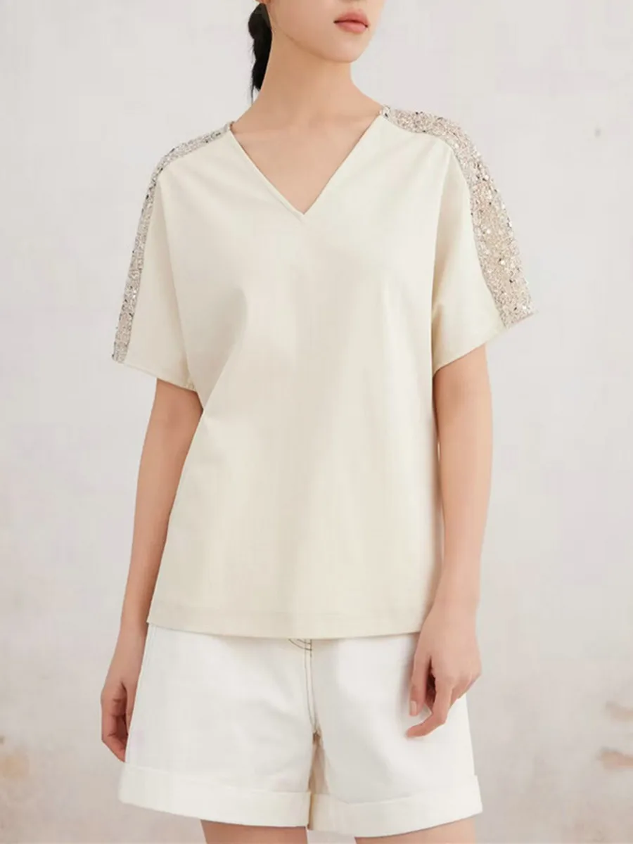 

Женская весенне-летняя новая высококачественная хлопковая футболка с v-образным вырезом и пайетками, топ с короткими рукавами