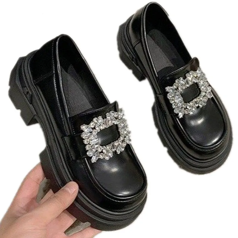 NEW Brand Rhinestone Buckle Shoes Ladies 2024 Thicken Soled Flats Japanned Leather Oxfords Women Casual Slip On Lolita Shoes