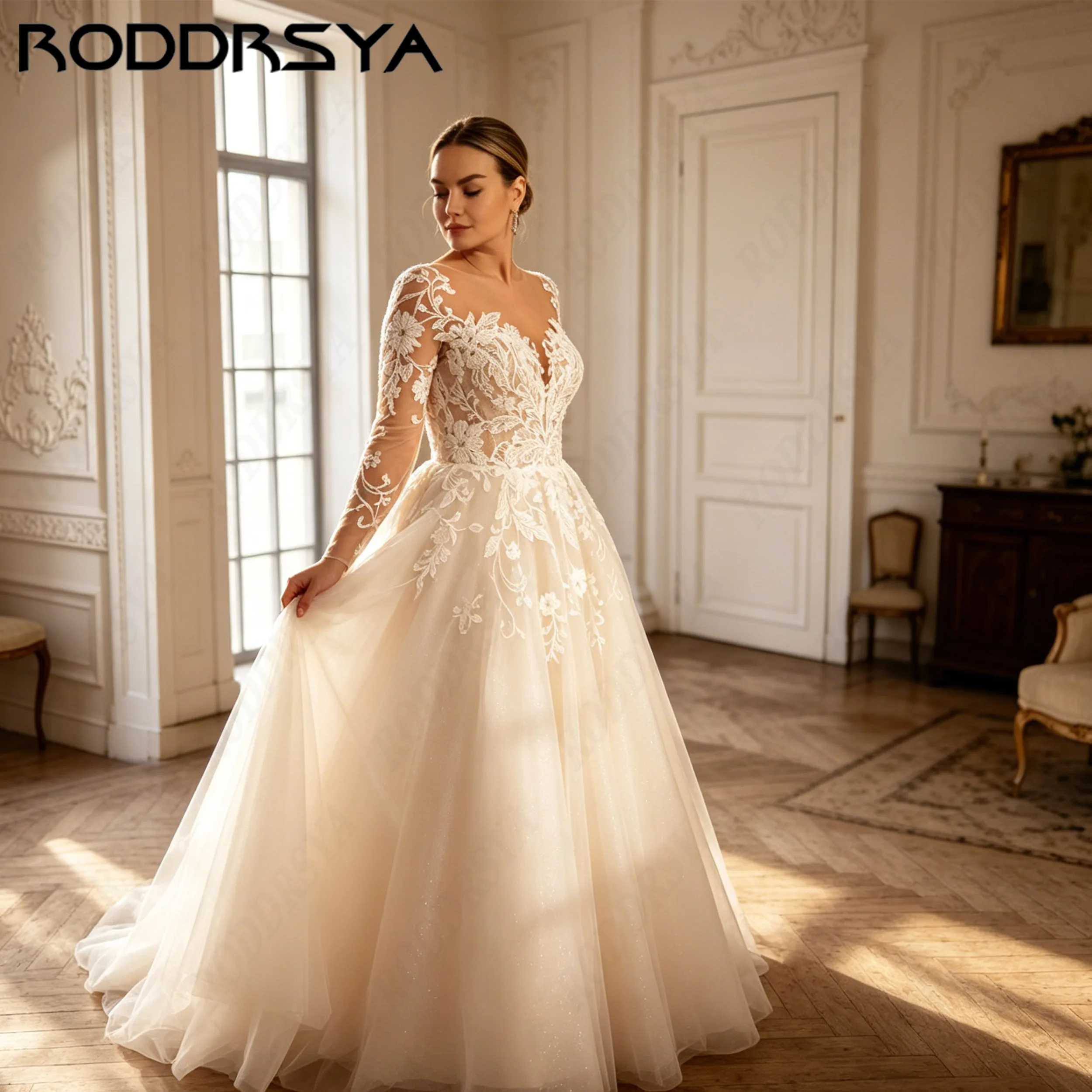RODDRSYA Floral A-Line Tulle Wedding Dress Illusion Scoop Neck Bridal Gown Court Train Big Size abito da spos Personalized