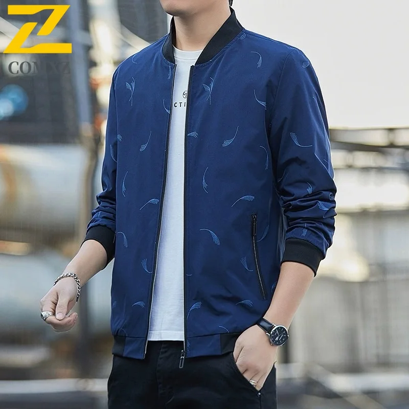

2025 Spring Autumn New Men's Jacket Trendy Printed Minimalist Windproof Stand Up Collar Windbreaker Business Casual Men's Wear