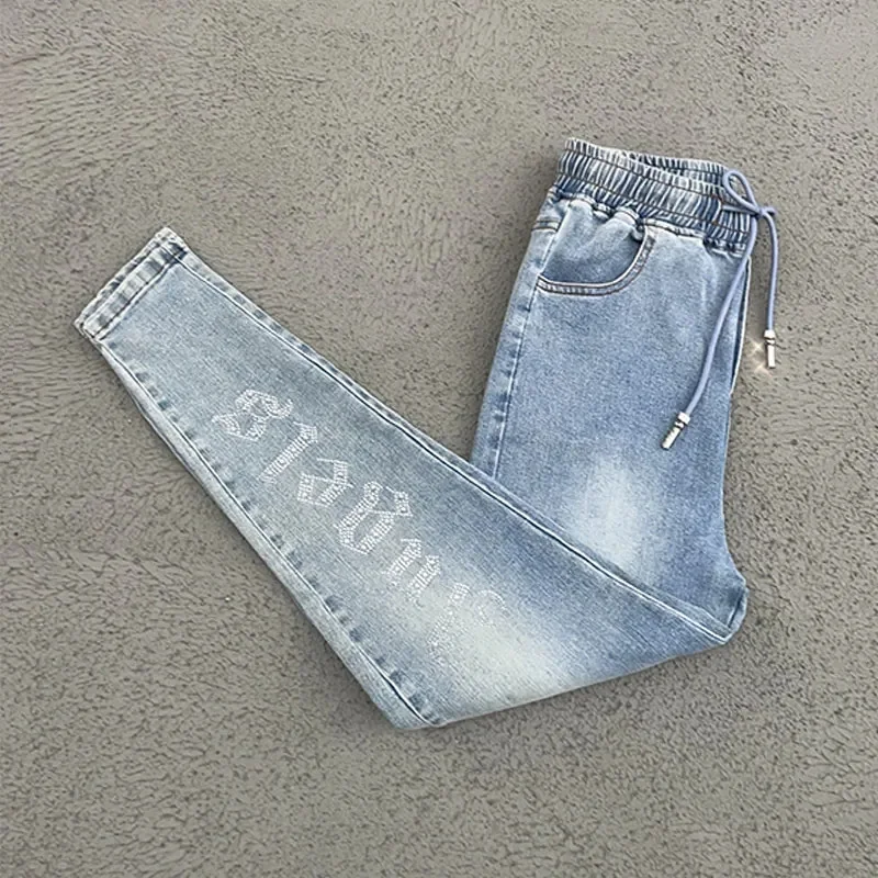 Rhinestones Elastic Waist Elastic Jeans Pencil Pants Spring Summer   Fashion Harem Denim Pants Female Korean Version High Waist