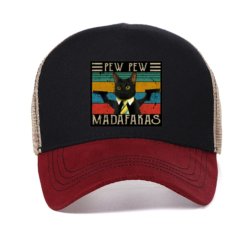 

funny cat Pew Pew Madafakas Print Women hat Summer Breathable mesh trucker hat Graphic Double Gun Cat Funny men baseball cap