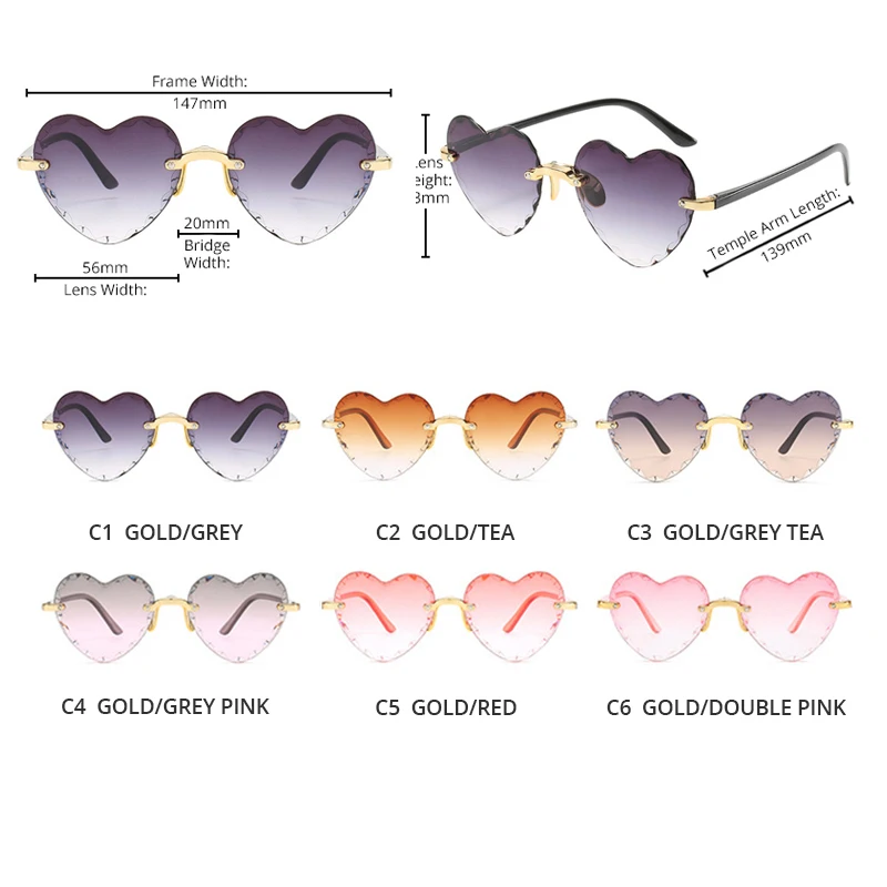 Fashion Heart Shape Women Sunglasses Brand Designer Lovely Rimless Sun Glasses For Female Vintage Pink Ladies Shades