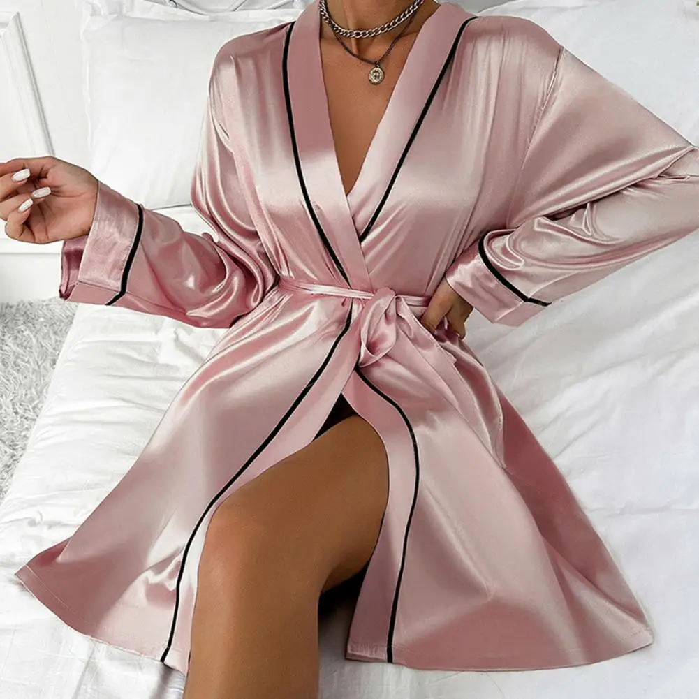 Nightdress Elegant Satin V Neck Nightgown with Adjustable Waist Tie for Women Imitation Silk Sleepwear for Parties Weddings