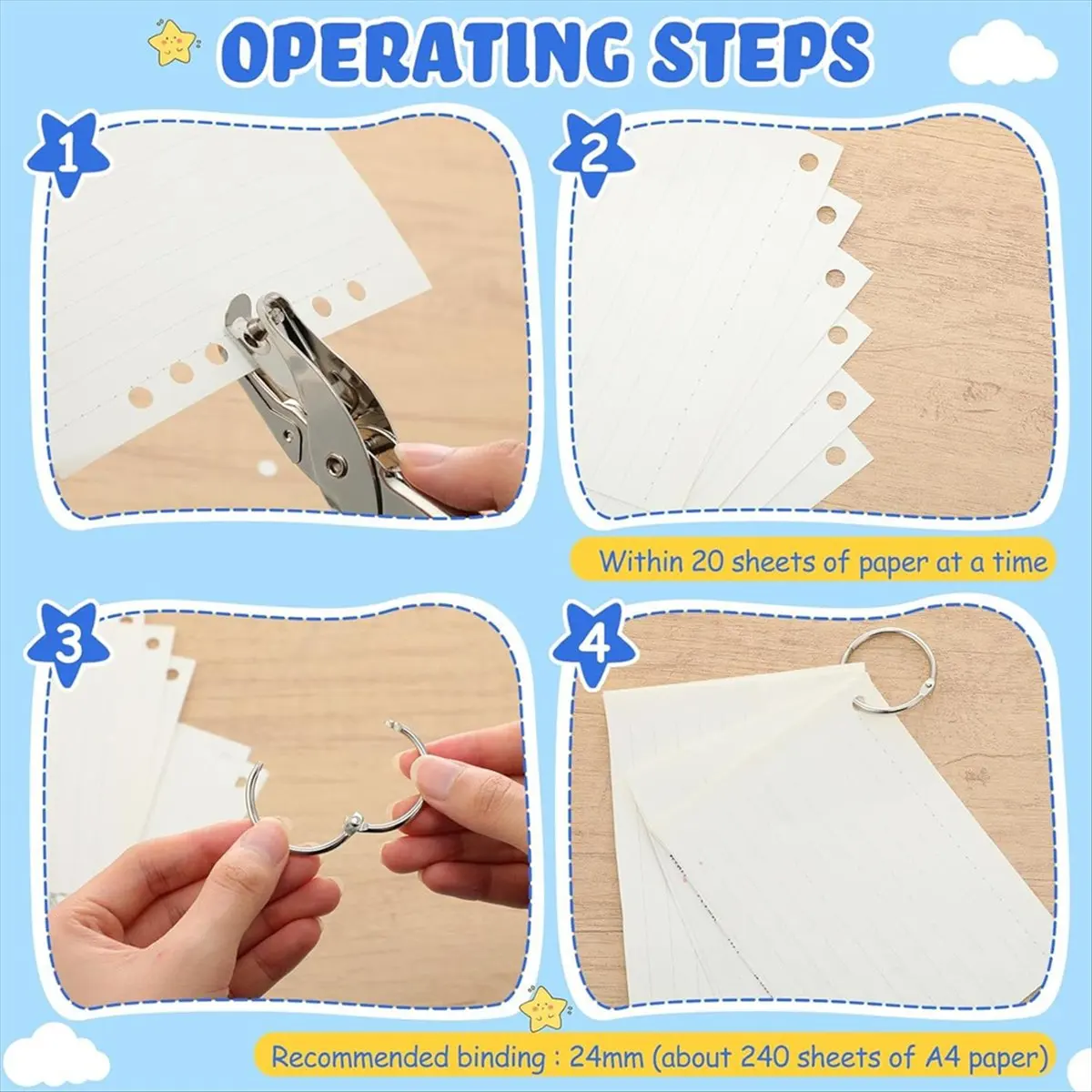 Single Hole Punch , 1/4 Inch One Hole Puncher with 100 Pack Binder Rings School Supplies Punches for Classroom, Crafts