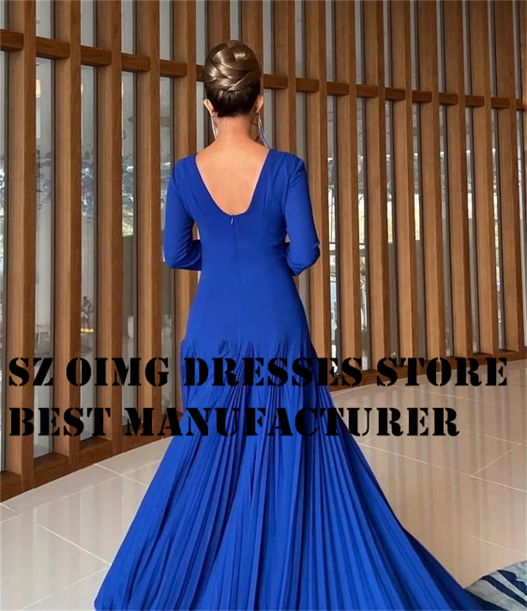 OIMG Elegant A-Line Ruched Prom Dresses Long Sleeves O-Neck Floor Length Satin Ruched Blue Evening Gowns Formal Party Dress