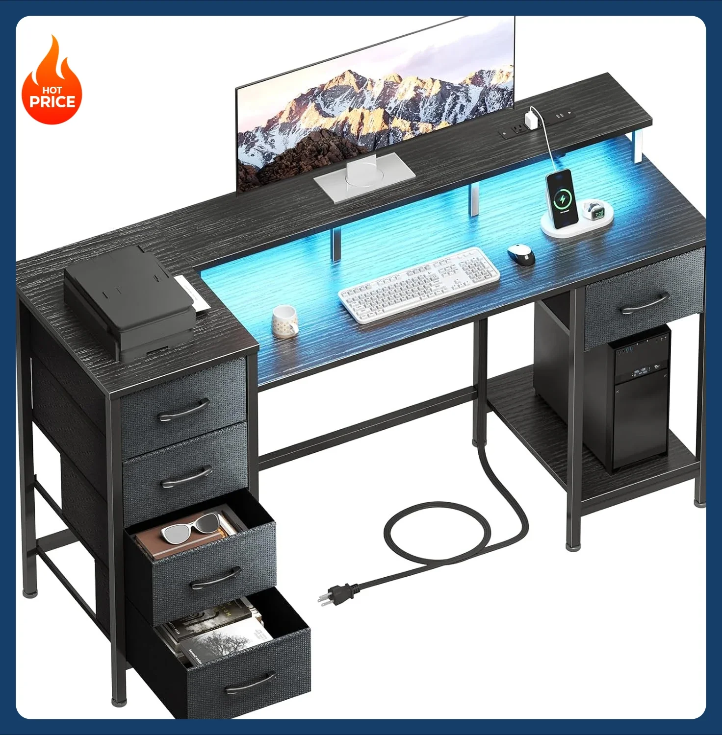 

Скидка! Игровой компьютерный стол 47 дюймов с розетками и LED-подсветкой, реверсивный, для домашнего офиса, с регулировкой по высоте в 5 положениях