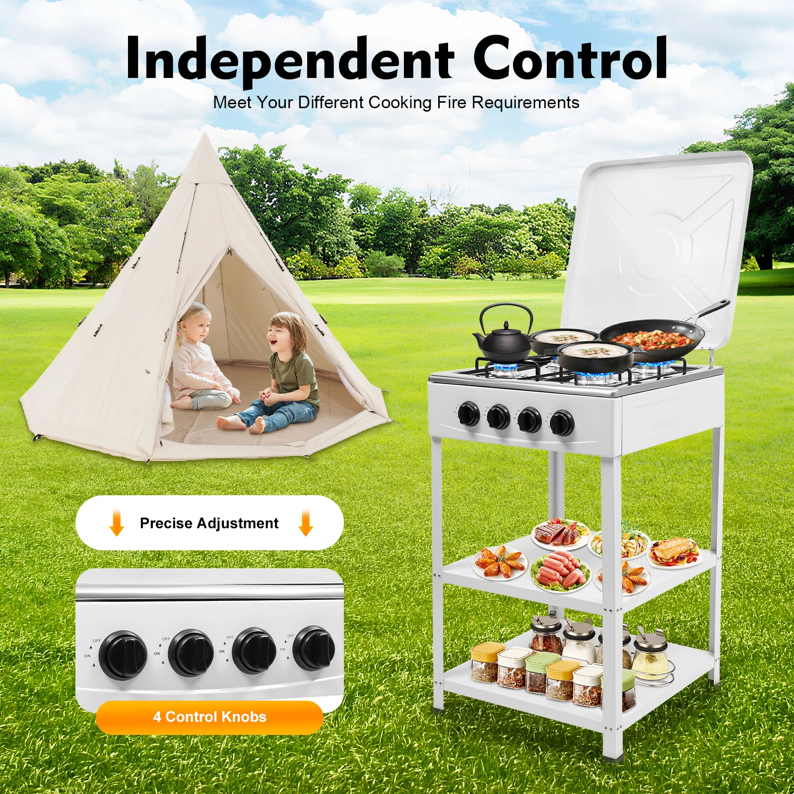

4 Burner Gas Stove Portable Outdoor Stove W/ Wind Blocking Cover Ng/Lpg Gas Stove White with 2 Storage Shelves 19.3*19.3*31.1in