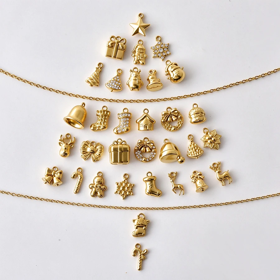 5Pcs Stainless Steel Festival Santa Claus Snowflake Christmas Tree Elk Bell Pendant Jewelry Making Cute Hamburger Trinkets Bulk