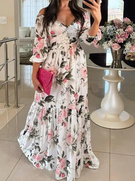 

Womens Dresses 2025 Spring Summer New Fashion Elegant Floral Printed Lace Up Off Shoulder V-Neck Long Sleeve Large Swing Dress