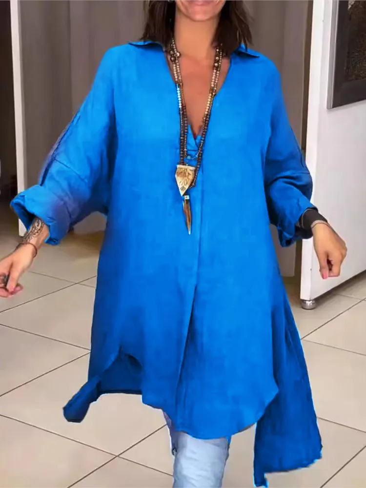 

Summer New Women V Neck Pullover Irregular Hem Casual And Fashionable Long Shirt Top Solid Color Commuter Blouse Female Clothing