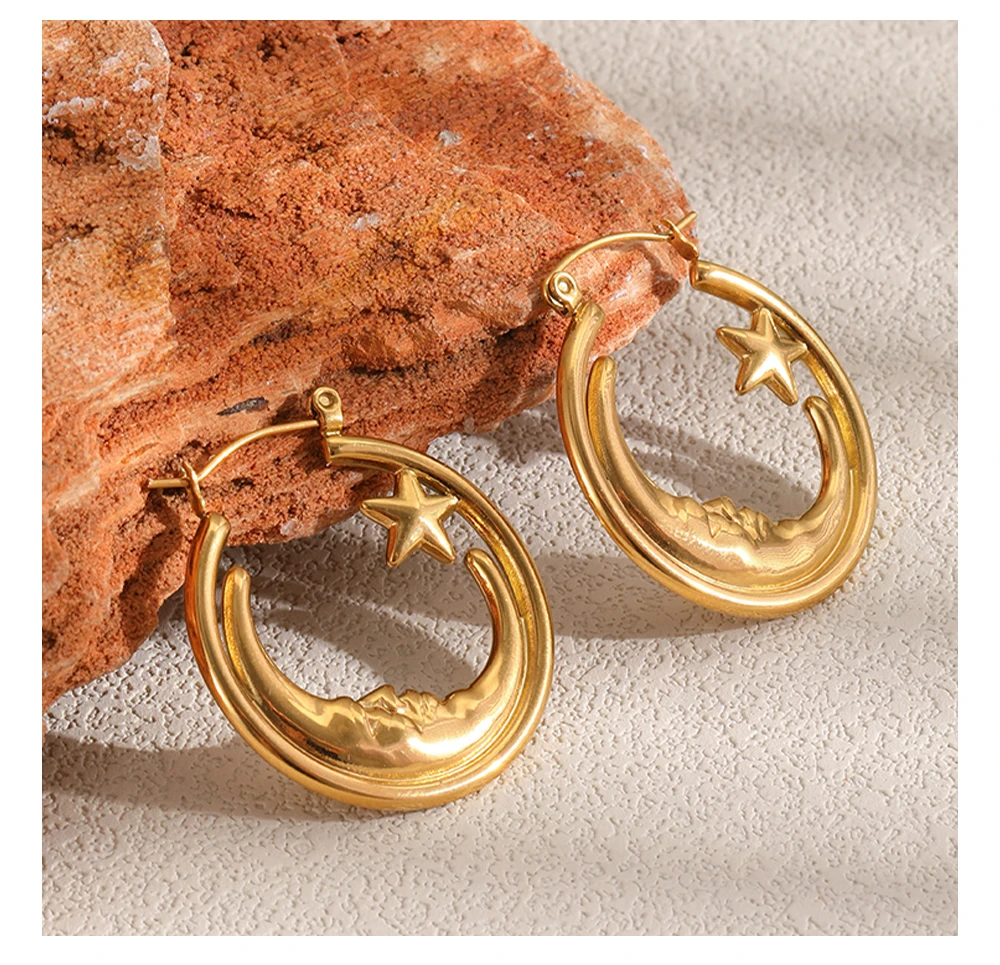 MamacitaSlay Einzigartige 316L Edelstahl Mond-Stern-Creolen, 18K vergoldet, wasserdichter Schmuck für Damen, Alltagskleidung, Geschenk – Detail 4