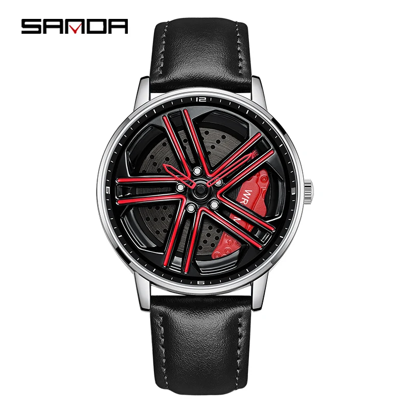 SANDA P1090 Sports Car Men Watch 2023 New Leather Waterproof Rim Hub Wheel Quartz Wristwatches Men\'s Watches Relogio Masculino