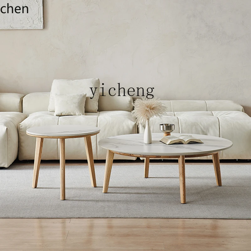YFY  Solid Wood Rock Plate Round Coffee Table Minimalist Living Room Marble High Foot