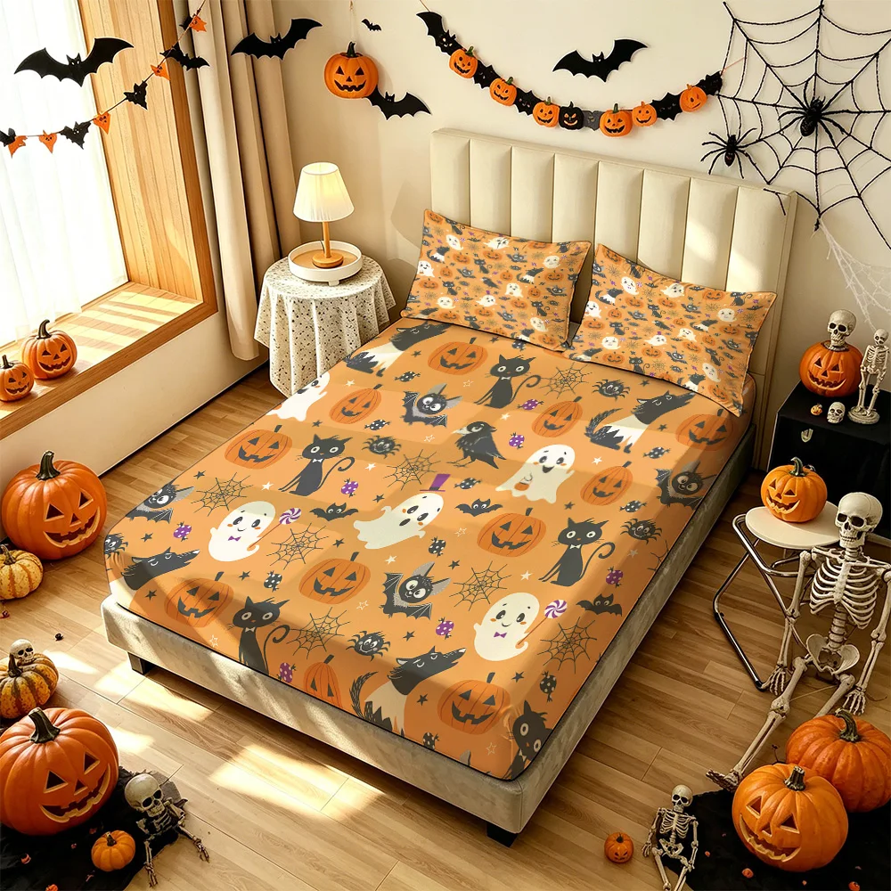 3PCS Halloween cartoon pumpkin ghost black cat duvet cover coreless set soft bedroom bedding decoration