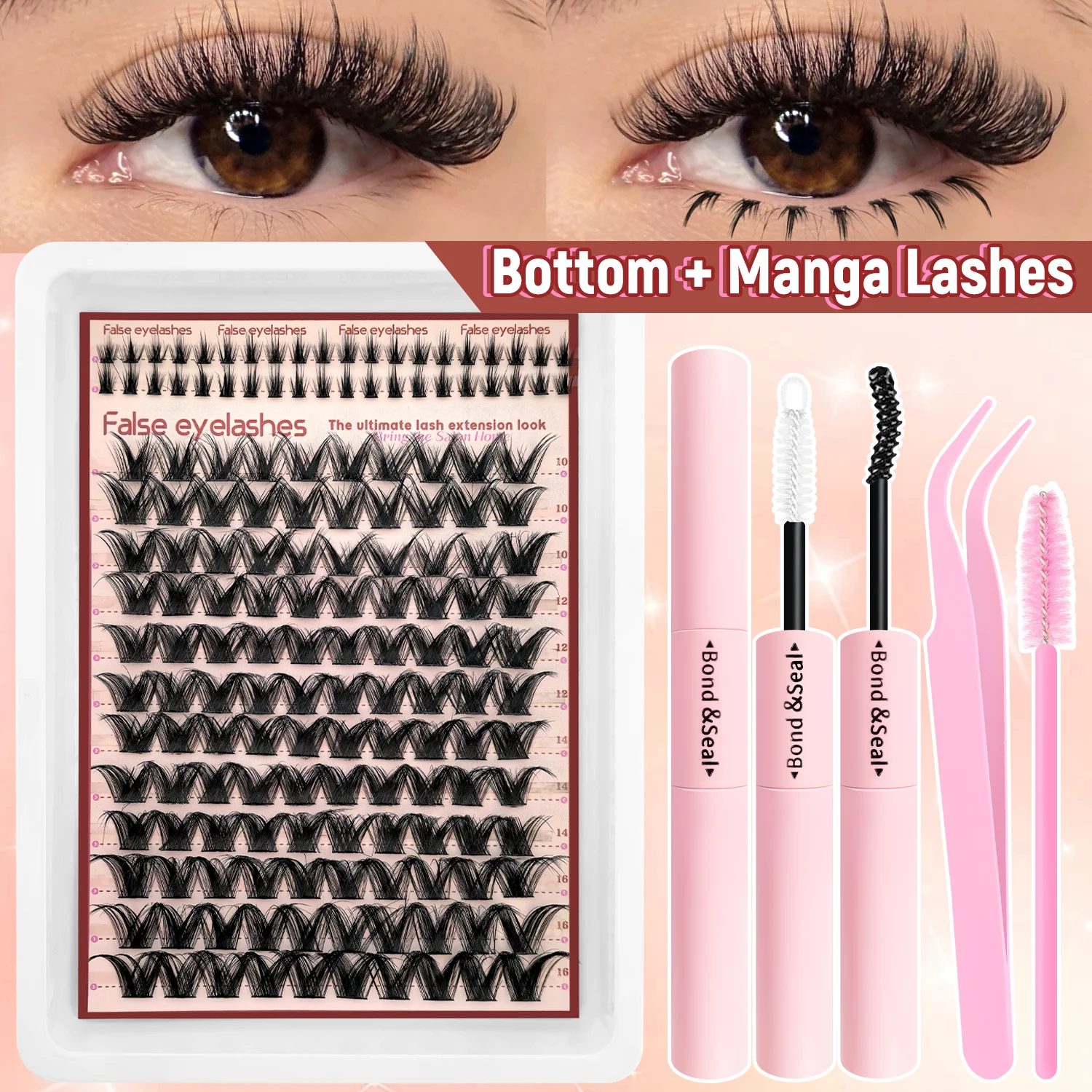    160 Stück dichte Wimpern-Clusters im Manga-Stil, D-Curl, gemischte Längen, Wimpernverlängerungs-Set mit Wimpernkleber und -versiegelung sowie Wimpernpinzette