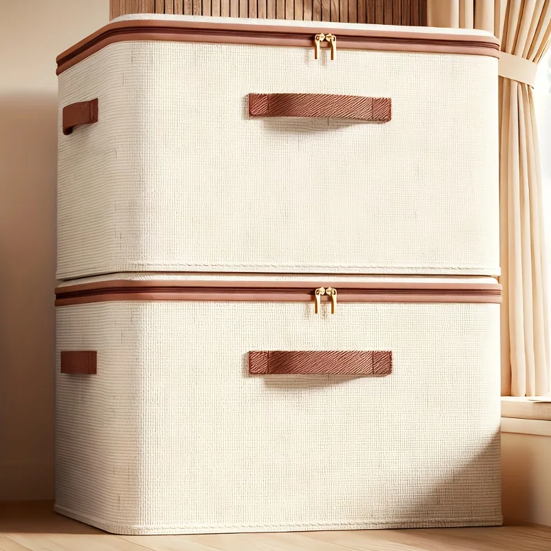 Foldable Linen Storage Box with Double Zippers And Faux Leather Handles,Large Capacity Under-Bed Storage Basket with Lid