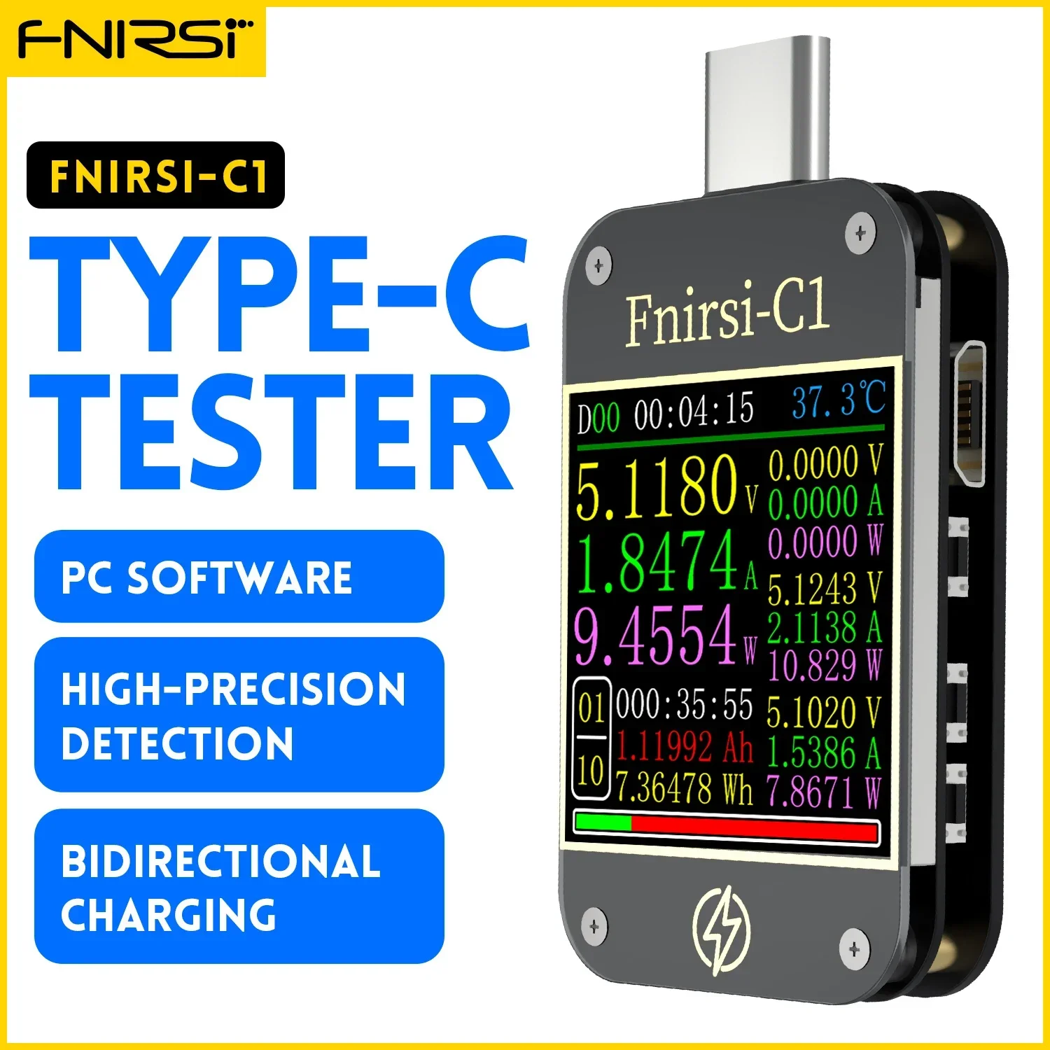 

FNIRSI-C1 Type-C PD Trigger USB-C Voltmeter Ammeter Fast Charging Protocol Test Type-C Meter Power Bank tester With PC Software