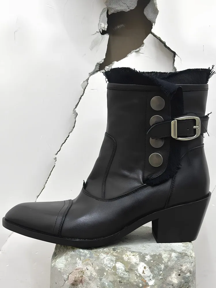 Retro Genuine Leather Pointed Toe Chunky Heel Buckle Strap Ankle Boots Solid Color Horsehide Ladies Metal Decoration Footwear