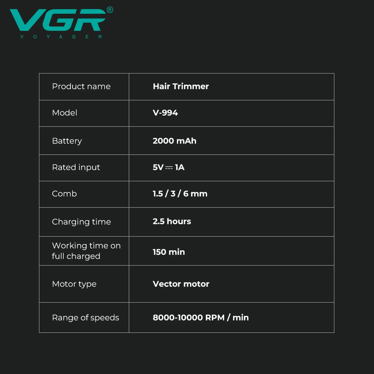 VGR Hair Trimmer Professional Barber Clippers 10000 RPM Hair Cutting Machine Vector Motor Trimmers Haircut Trimmer for Men V-994 image 6