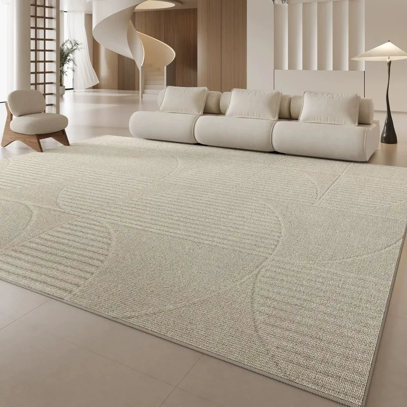 VIKAMA 3D Embossed Curved Line Area Rug Non Slip Washable Beige Mat Wabi Sabi Carpet Living Room Bedroom Home Decor